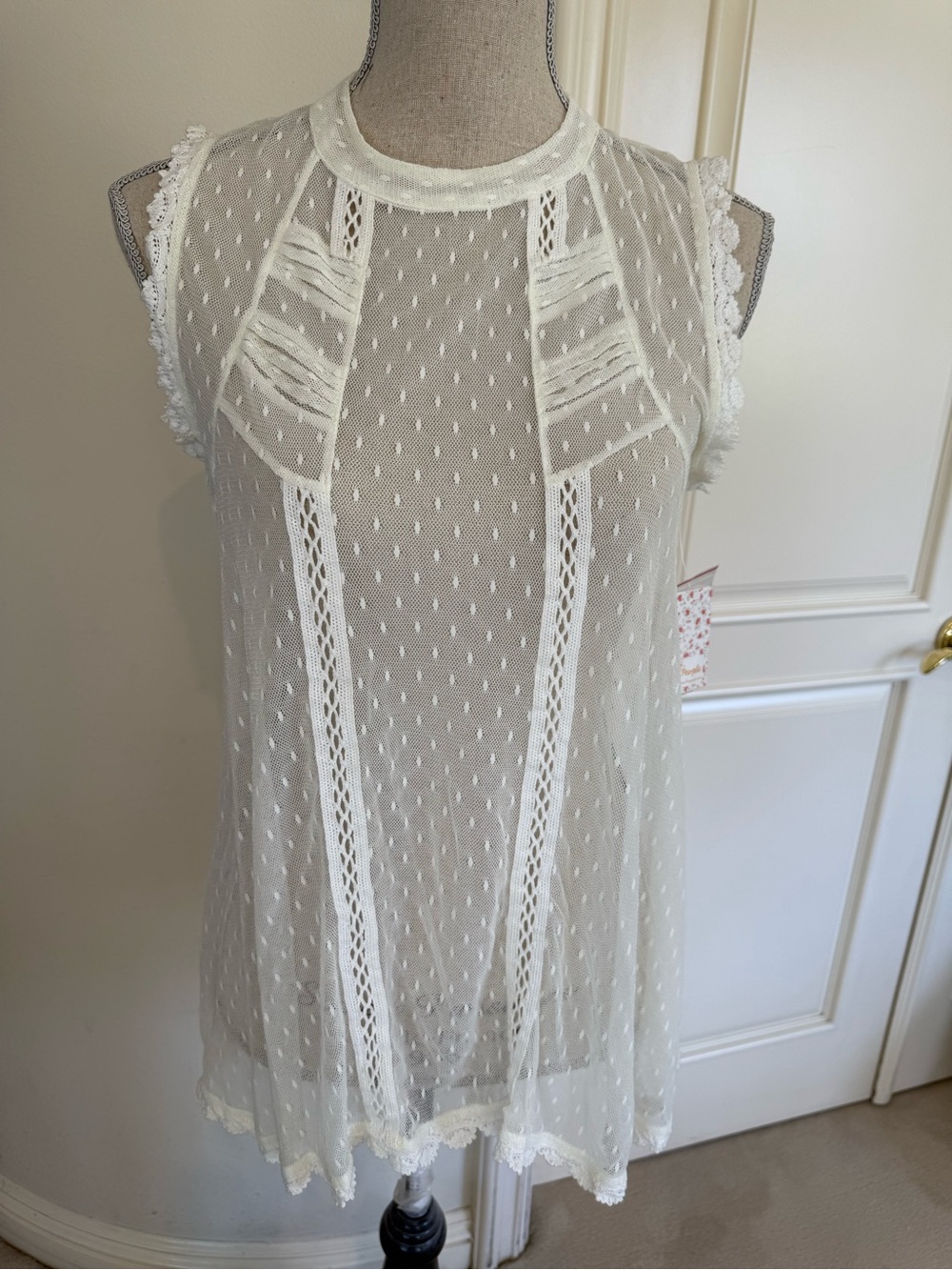 Free People Ivory Sheer Swiss Dot Lace Trim Tank